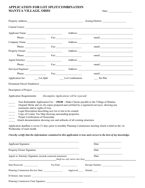 First page of the Application for Lot Split/Combination