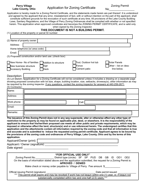 First page of the Application for Zoning Certificate