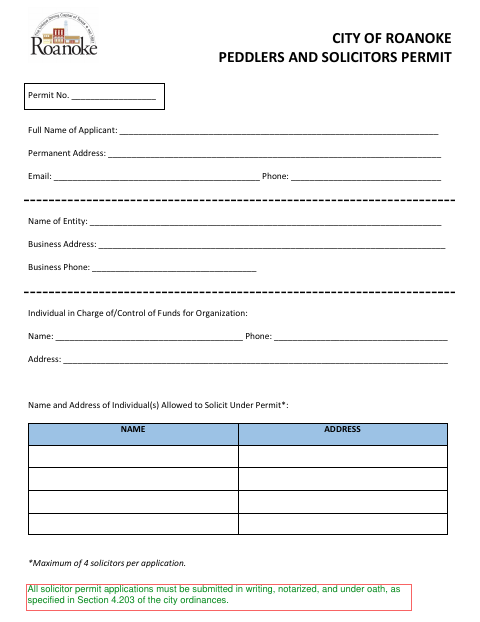 First page of the Peddlers and Solicitors Permit