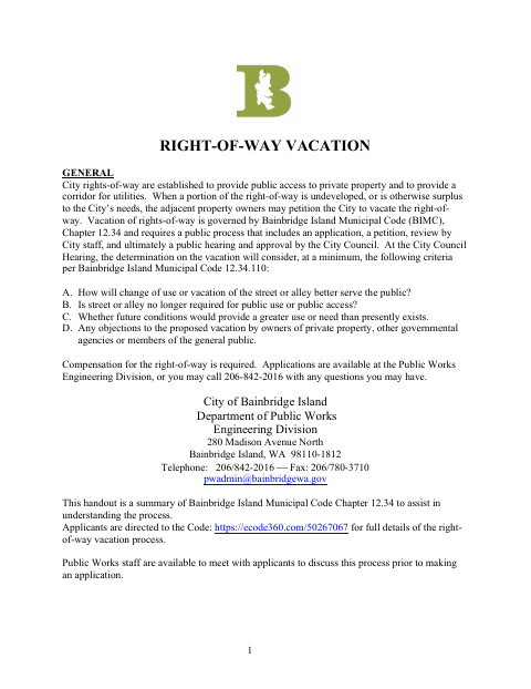 First page of the Right-of-Way Vacation Application