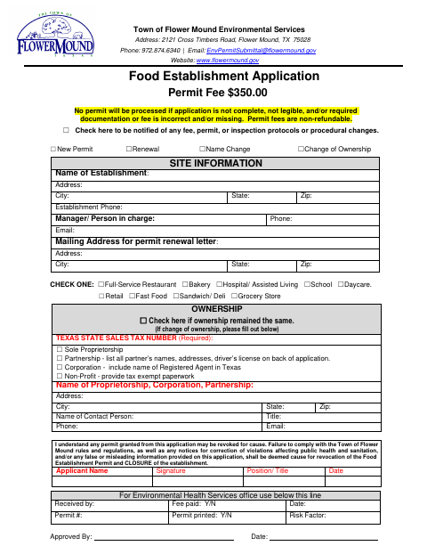 First page of the Food Establishment Application