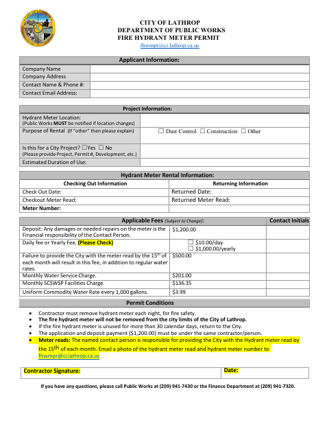 First page of the Fire Hydrant Water Meter Application
