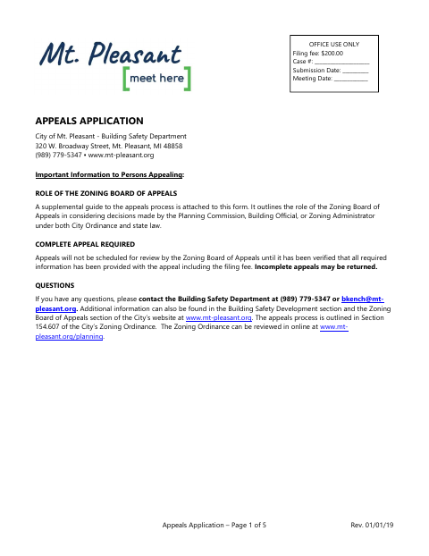 First page of the Appeals Application (Zoning Board of Appeals)