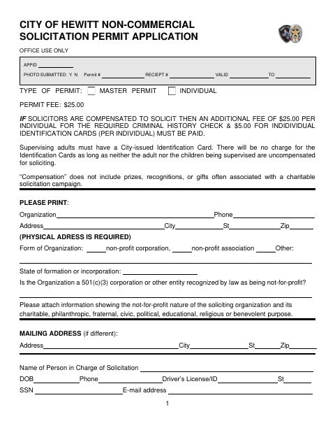 First page of the Non-Commercial Solicitation Permit Application