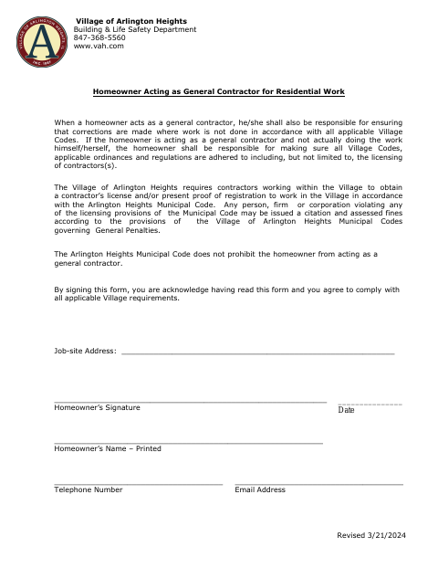 First page of the Homeowner Acting as General Contractor for Residential Work