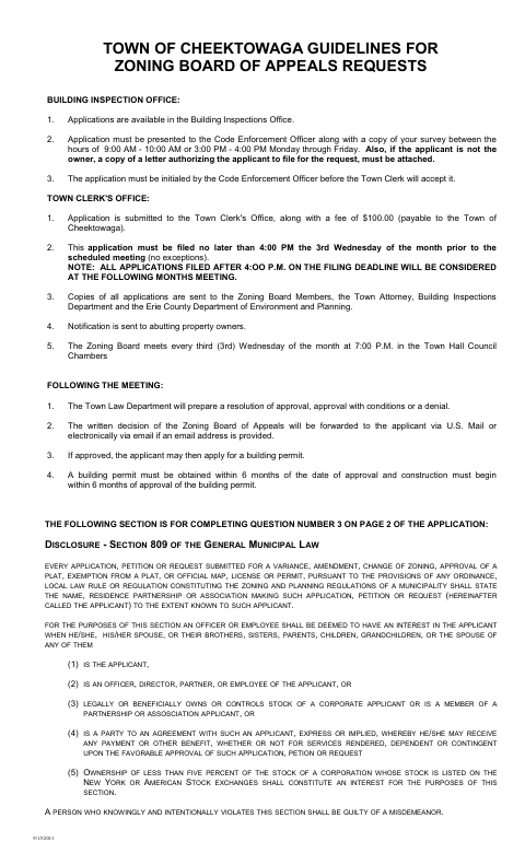 First page of the Zoning Board of Appeals Request