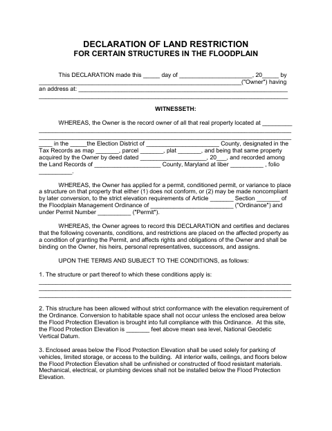 First page of the Declaration of Land Restriction for Certain Structures in the Floodplain
