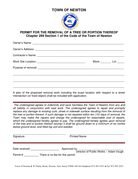 First page of the Permit for the Removal of a Tree or Portion Thereof