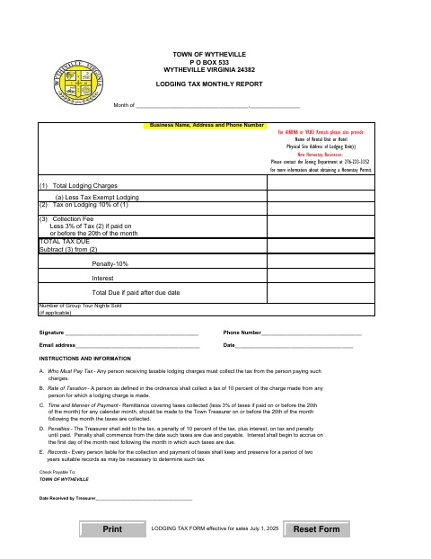 First page of the Lodging Tax Monthly Report