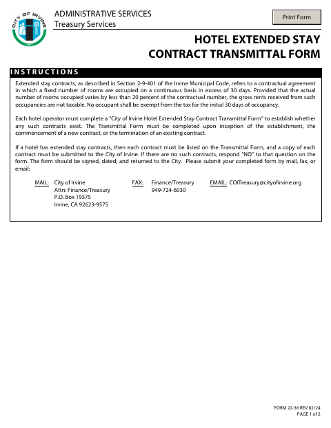 First page of the Hotel Extended Stay Contract Transmittal Form
