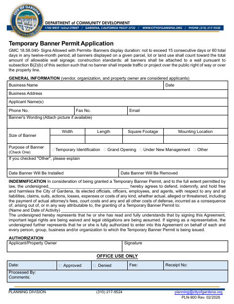 First page of the Temporary Banner Permit Application