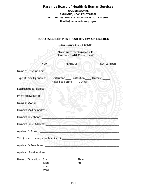 First page of the Food Establishment Plan Review Application
