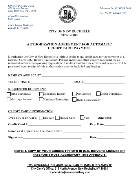 First page of the Authorization Agreement for Automatic Credit Card Payment