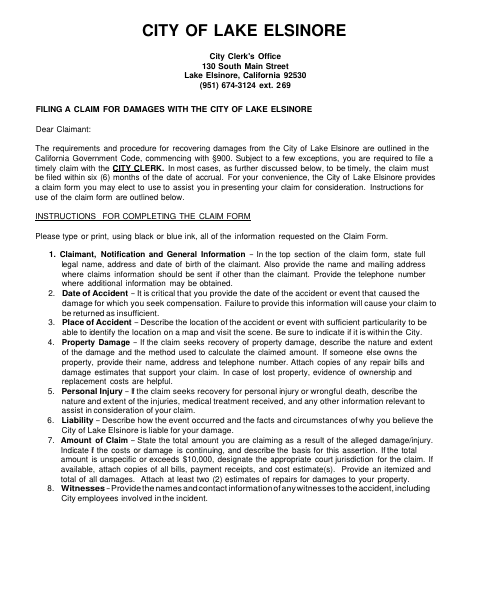 First page of the Filing a Claim for Damages