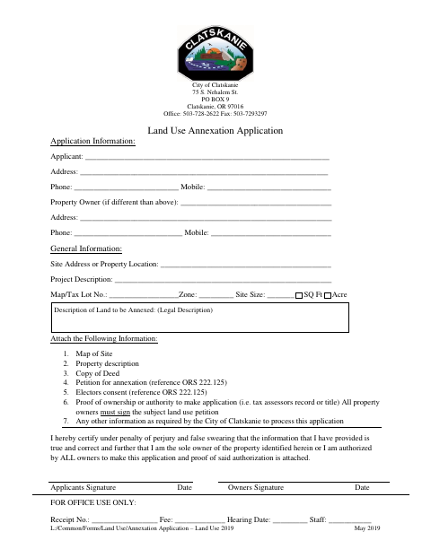 First page of the Land Use Annexation Application and Petition