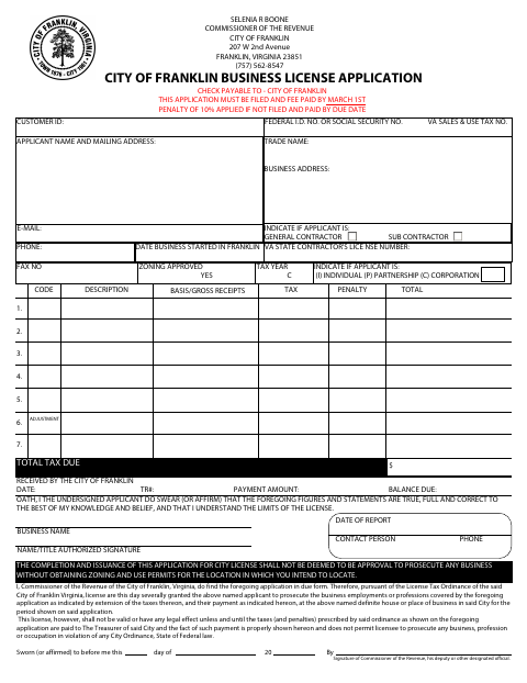 First page of the Business License Application
