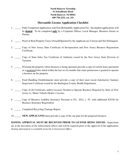 First page of the Mercantile License Application