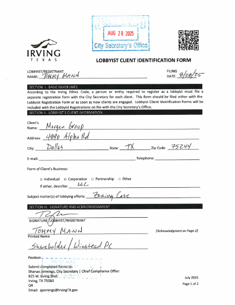 First page of the Lobbyist Client Identification Form
