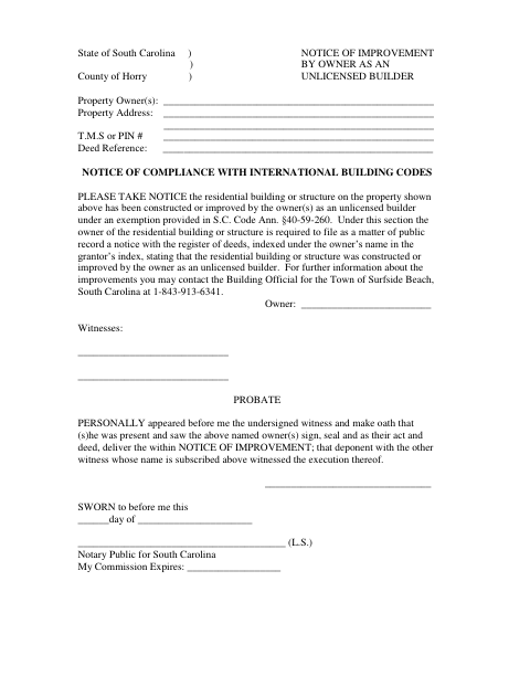 First page of the Owner Notice of Improvement Affidavit