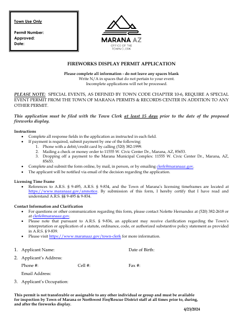 First page of the Fireworks Display Permit Application