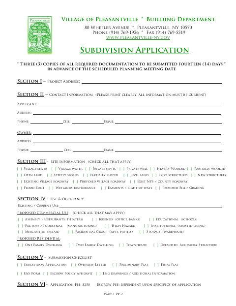 First page of the Subdivision Application