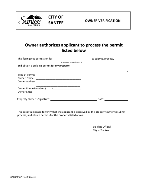 First page of the Owner Verification (Authorization of Applicant/Agent)