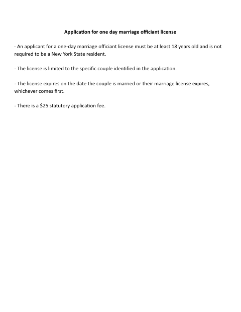First page of the One-Day Marriage Officiant License Application