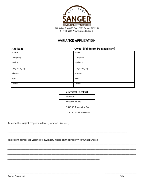 First page of the Variance Application