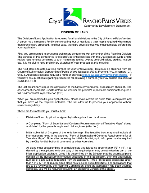 First page of the Division of Land Application