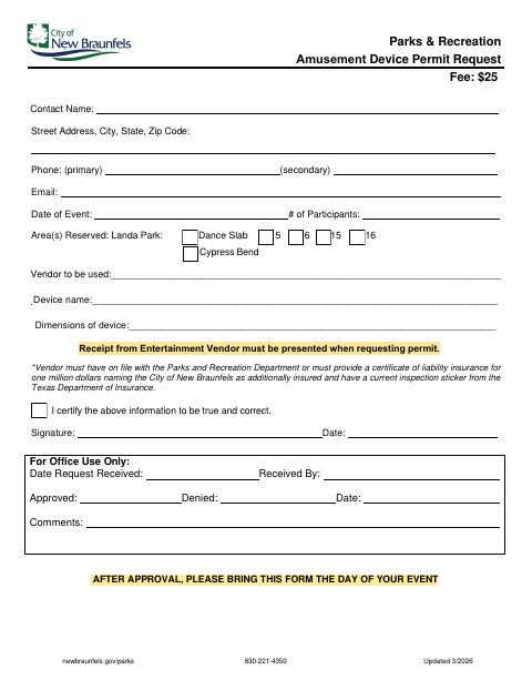 First page of the Amusement Device Permit Request