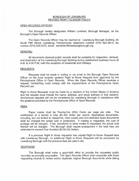 First page of the Right to Know Policy and Request Form