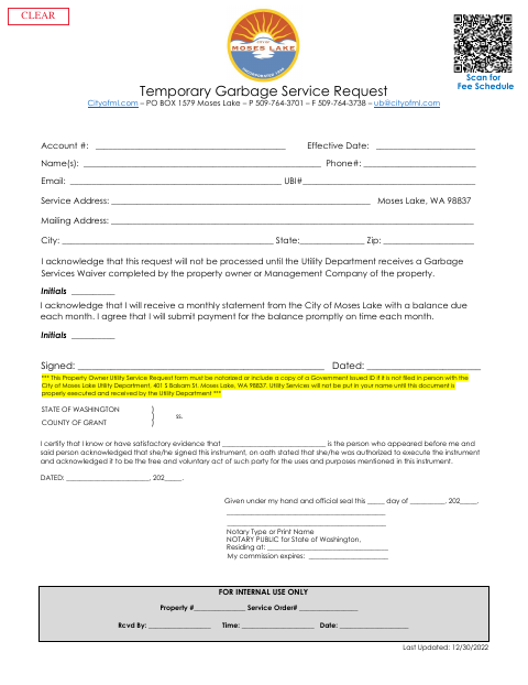 First page of the Temporary Garbage Service Request