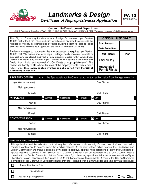 First page of the Landmarks & Design Certificate of Appropriateness Application