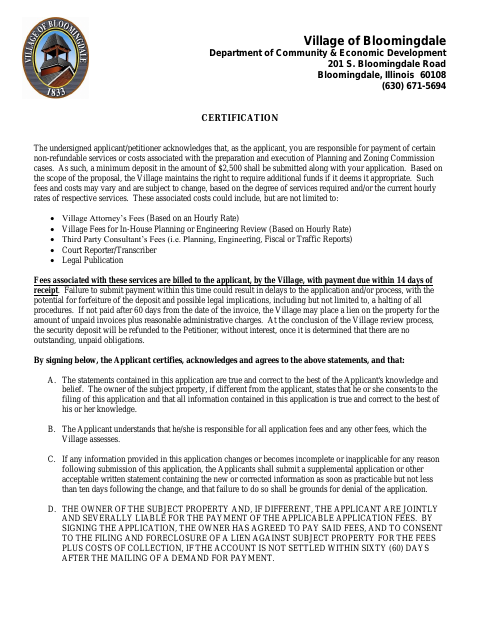 First page of the Planning and Zoning Application Certification