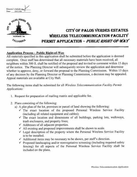 First page of the Wireless Telecommunication Facility Permit Application – Public Right-of-Way