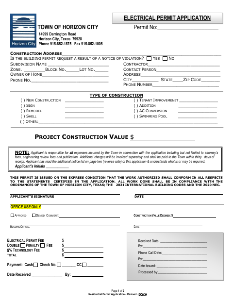 First page of the Electrical Permit Application