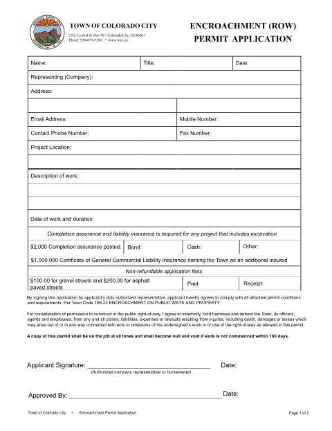 First page of the Encroachment (ROW) Permit Application