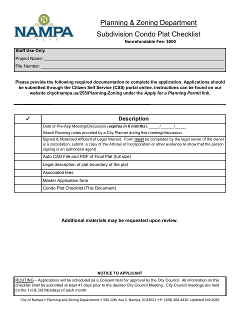 First page of the Condo Plat Checklist