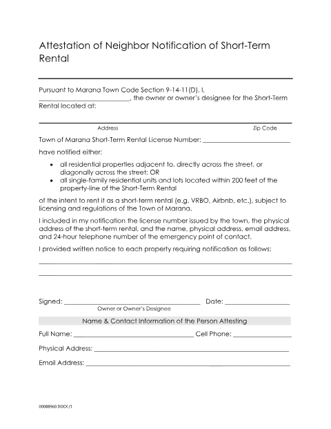 First page of the Attestation of Neighbor Notification of Short-Term Rental