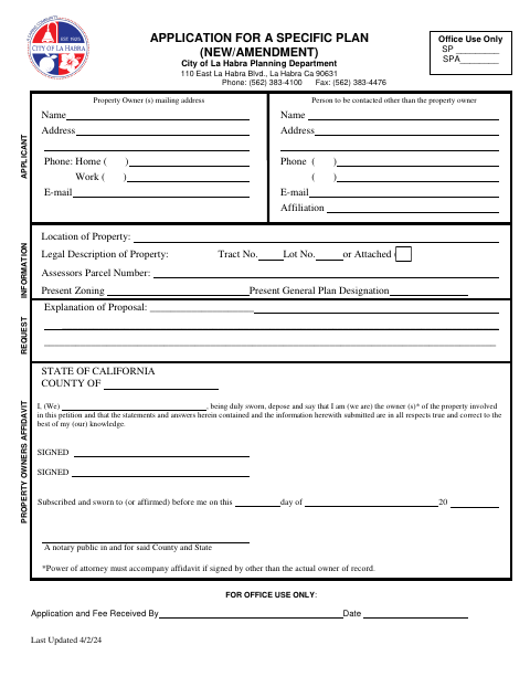 First page of the Specific Plan Application (New or Amendment)