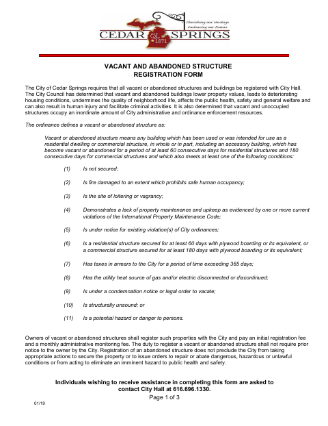 First page of the Vacant and Abandoned Structure Registration Form