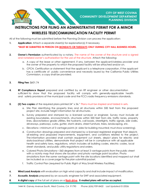 First page of the Administrative Permit for Minor Wireless Facility Application