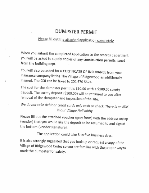 First page of the Dumpster Permit Application