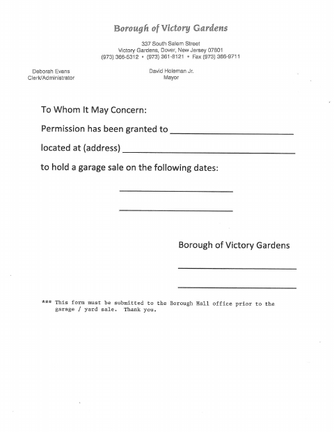 First page of the Garage Sale Form