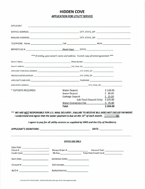 First page of the Hidden Cove Application for Utility Service