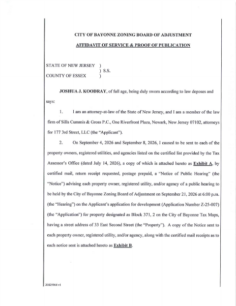First page of the Zoning Board Affidavit of Service and Proof of Publication
