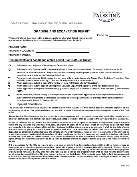 First page of the Grading and Excavation Permit