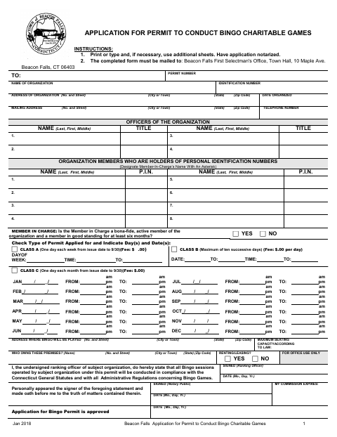 First page of the Bingo Charitable Games Permit Application