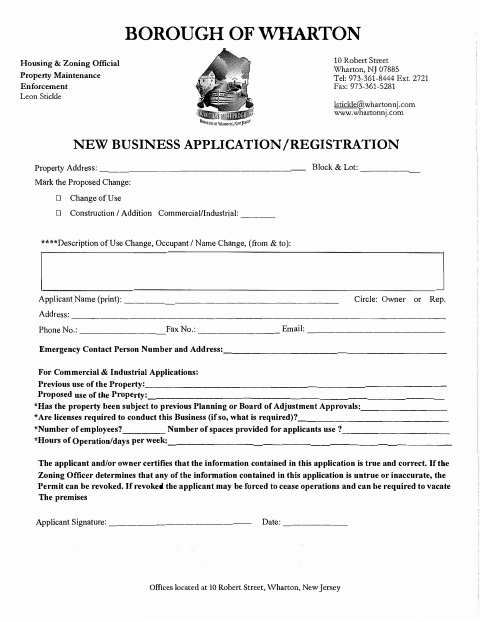 First page of the New Business Application/Registration