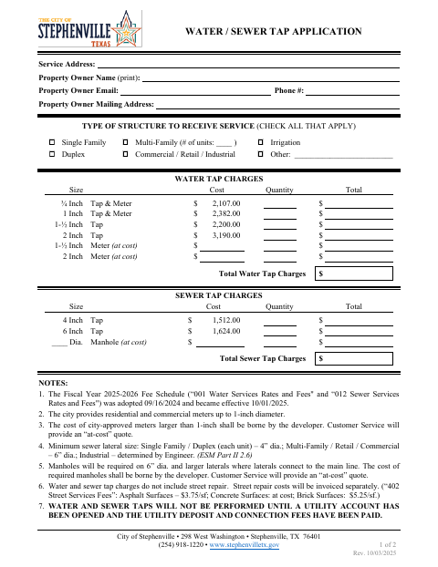 First page of the Water / Sewer Tap Application
